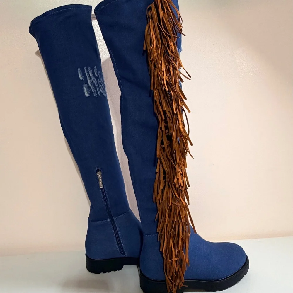 Cape Robbin Blue Denim Like Fabric Distressed Patches Fringe Detail OTK Boots